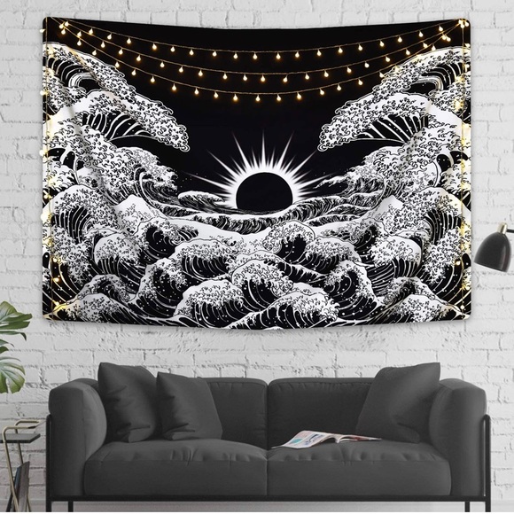 Black & White Moon and Waves Tapestry - Picture 4 of 7